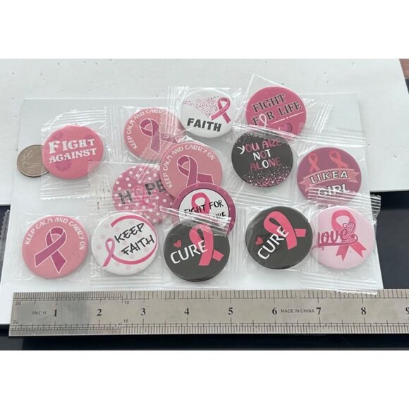 Breast Cancer Awareness Pinback Buttons Set Of 14 Pink Ribbon 1 Inch Size - Picture 2 of 3
